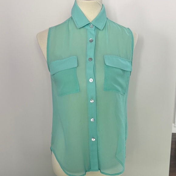 Cotton Candy Tops - Cotton Candy Sleeveless Sheer Button-Front Blouse in Aqua Green